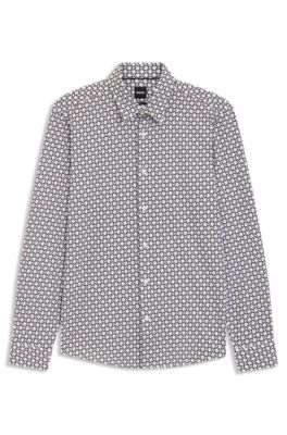 Slim-fit shirt in a printed cotton blend, Green Patterned