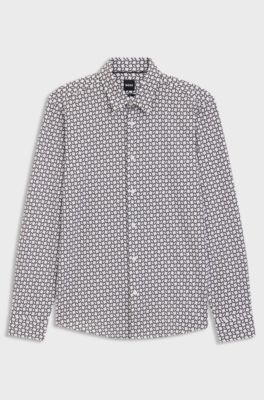 Slim-fit shirt in a printed cotton blend, Green Patterned