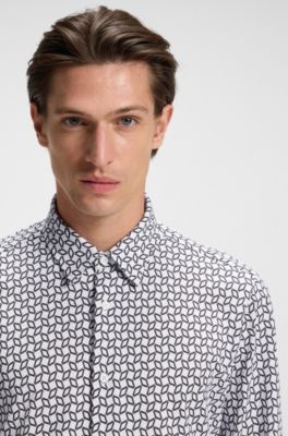 Slim-fit shirt in a printed cotton blend, Green Patterned