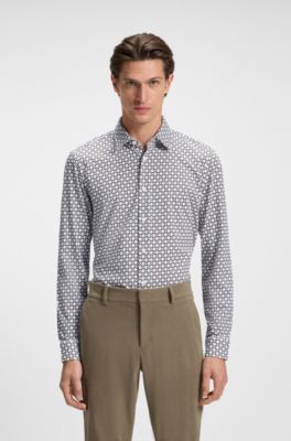 Slim-fit shirt in a printed cotton blend, Green Patterned
