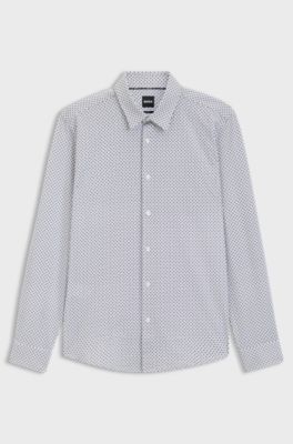 Slim-fit shirt in a printed cotton blend, Blue Patterned