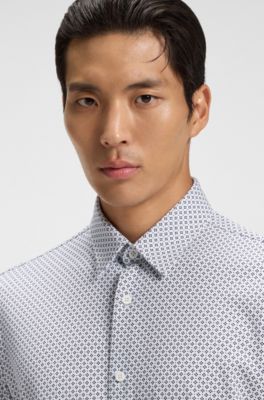 Slim-fit shirt in a printed cotton blend, Blue Patterned