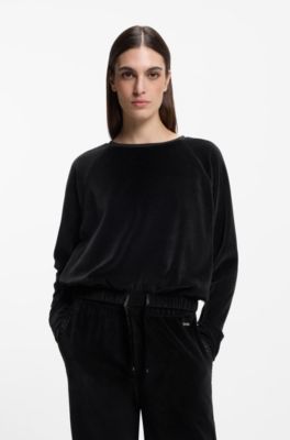 Cotton-blend sweater with monogrammed hem cord, Black