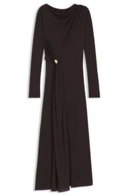Long-sleeved maxi dress with decorative metal detail, Dark Purple
