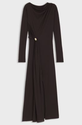 Long-sleeved maxi dress with decorative metal detail, Dark Purple