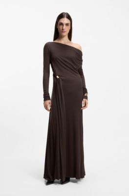 Long-sleeved maxi dress with decorative metal detail, Dark Purple