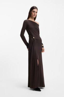 Long-sleeved maxi dress with decorative metal detail, Dark Purple