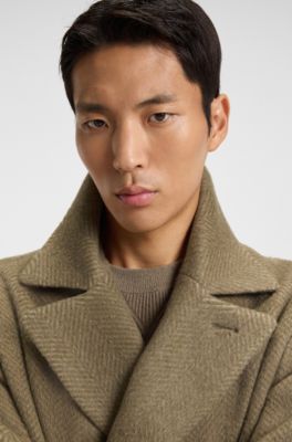 Manteau crois&eacute; en alpaga m&eacute;lang&eacute; &agrave; motif chevrons, Marron