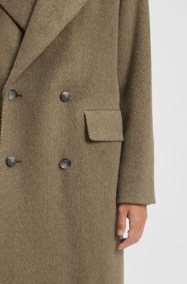 Cappotto doppiopetto in misto alpaca a spina di pesce, Marrone
