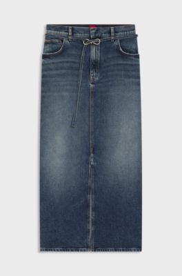 Blue-denim skirt with front slit and carabiner closure, Blue