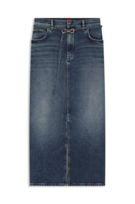 -denim skirt with front slit and carabiner closure 1