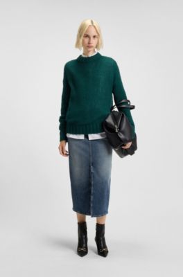 Blue-denim skirt with front slit and carabiner closure, Blue