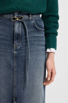 Blue-denim skirt with front slit and carabiner closure, Blue