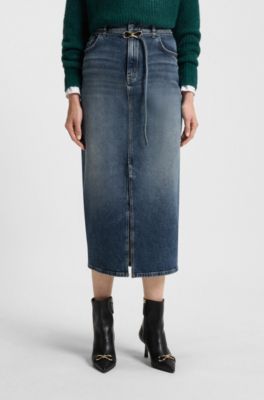 Blue-denim skirt with front slit and carabiner closure, Blue