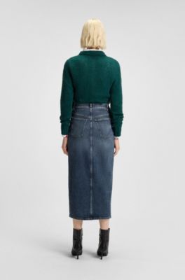 Blue-denim skirt with front slit and carabiner closure, Blue