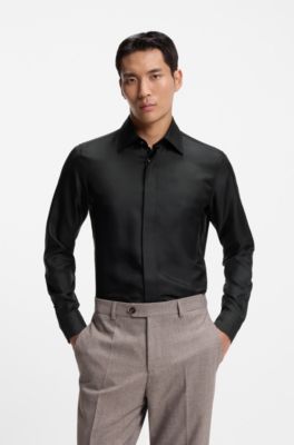 Slim-fit shirt in Italian-made silk twill, Black