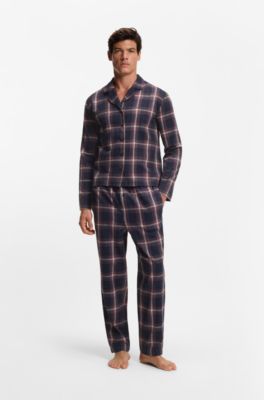 Cotton-blend pyjama bottoms with plain check, Dark Blue  /  Red