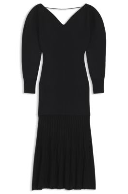 Knitted wool-blend dress with pleated skirt, Black
