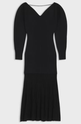 Knitted wool-blend dress with pleated skirt, Black