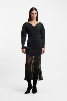 Knitted wool-blend dress with pleated skirt, Black