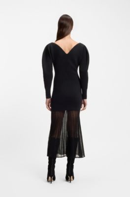 Knitted wool-blend dress with pleated skirt, Black