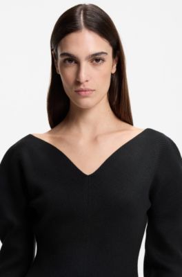 Knitted wool-blend dress with pleated skirt, Black
