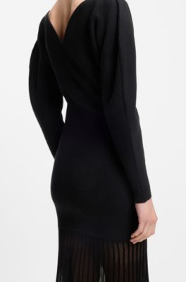 Knitted wool-blend dress with pleated skirt, Black