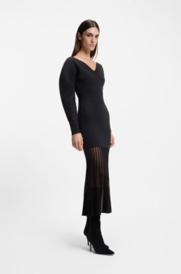Knitted wool-blend dress with pleated skirt, Black