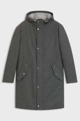 Padded coat in performance flannel with hooded collar, Grey