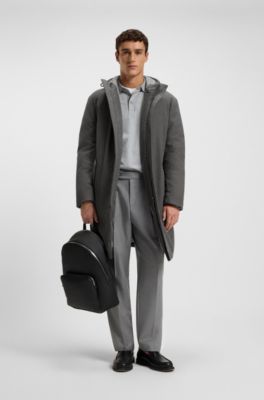 Padded coat in performance flannel with hooded collar, Grey