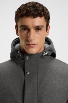Padded coat in performance flannel with hooded collar, Grey