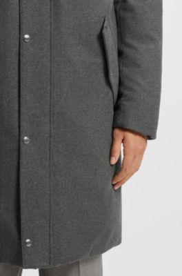 Padded coat in performance flannel with hooded collar, Grey