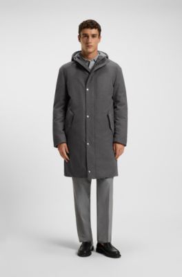 Padded coat in performance flannel with hooded collar, Grey