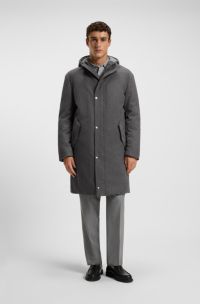 Padded coat in performance flannel with hooded collar, Grey