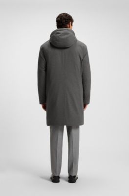 Padded coat in performance flannel with hooded collar, Grey