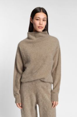 High-neck sweater in washed cashmere, Beige
