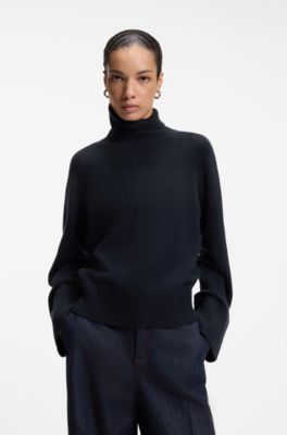Relaxed-fit rollneck sweater in cashmere with raglan sleeves, Dark Blue