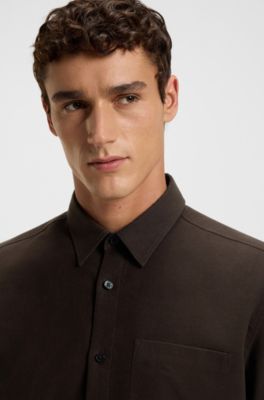 Regular-fit shirt in Italian-made cotton moleskin, Dark Brown
