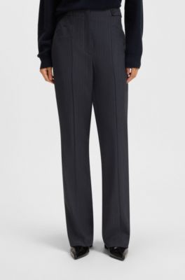 Regular-fit bootcut trousers in patterned virgin wool, Dark Blue