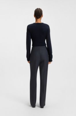 Regular-fit bootcut trousers in patterned virgin wool, Dark Blue