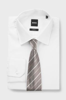 Tie with diagonal stripe in silk blend, Beige Stripes