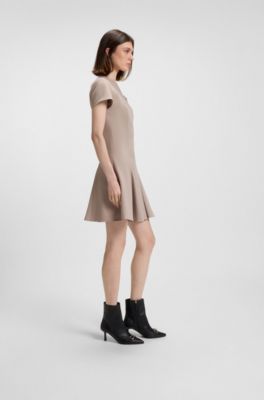 Godet-insert dress with bow brooch, Light Beige