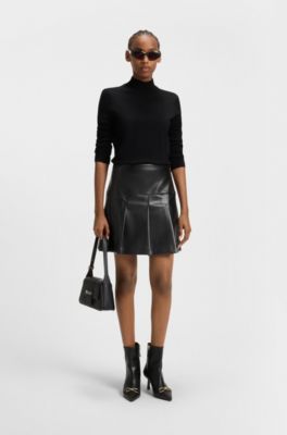 Faux-leather mini skirt with pleats, Black