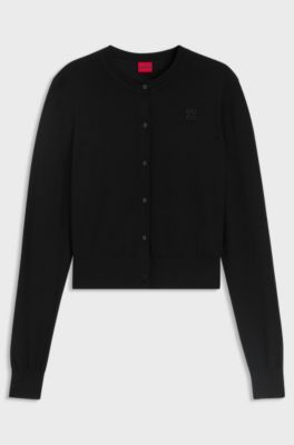 Crew-neck cardigan in merino wool with stacked logo, Black