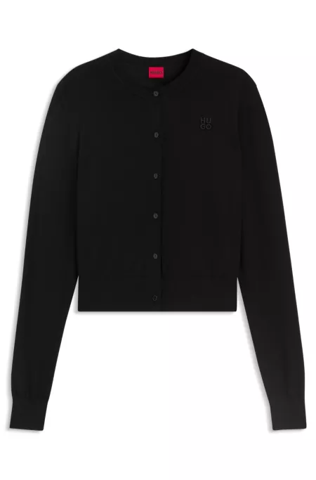 Crew-neck cardigan in merino wool with stacked logo