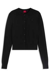 Crew-neck cardigan in merino wool with stacked logo, Black
