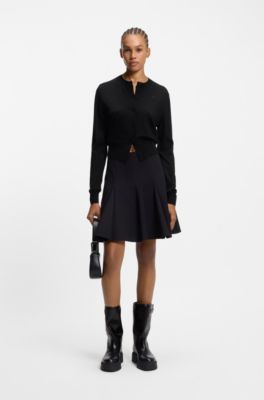 Crew-neck cardigan in merino wool with stacked logo, Black