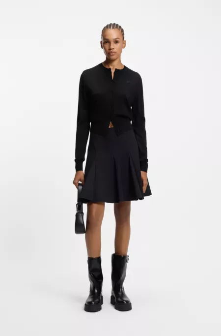 Crew-neck cardigan in merino wool with stacked logo