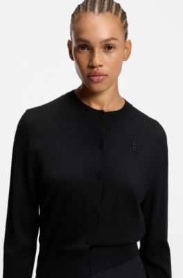 Crew-neck cardigan in merino wool with stacked logo, Black