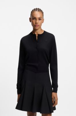 Crew-neck cardigan in merino wool with stacked logo, Black